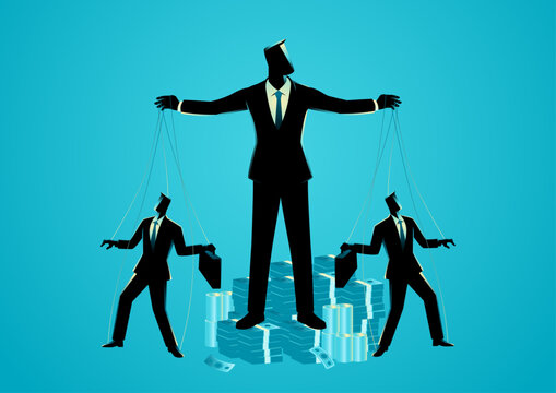 Puppeteer standing on a pile of money, manipulating two businessmen with strings. Symbolizes the idea that wealth controls everything, perfect for themes of power, greed, and corporate dominance