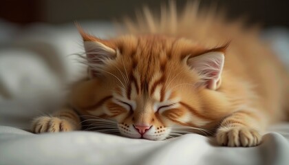 Cute ginger kitten sleeping in bed