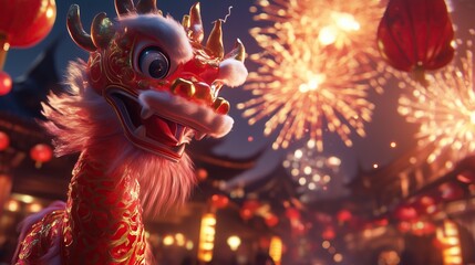 Vibrant dragon dance during a festive celebration with fireworks
