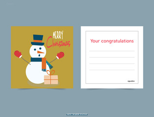 Snowman and gift. Merry Christmas. Postcard in square format. Simple image. Vector illustration