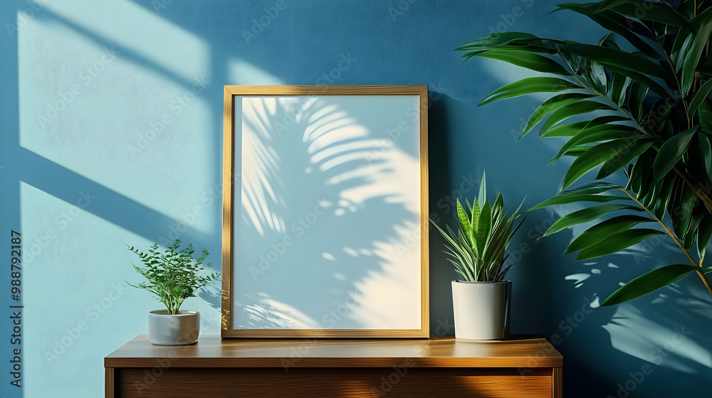 Canvas Prints A thin A4 frame is positioned against a blue wall on a wooden drawer, complemented by indoor plants that enhance the serene ambiance and reflect soft light from nearby windows.