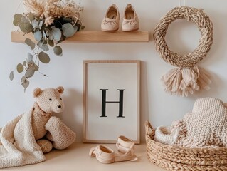 A teddy bear is sitting on a shelf next to a framed letter H. A pair of shoes is also on the shelf