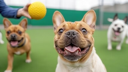 Caregiver throwing a ball for excited dogs in a grassy play area, dogs eagerly chasing   doggy playtime, fetch at daycare