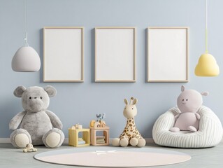 A room with three empty picture frames on the wall. A giraffe is sitting on a chair