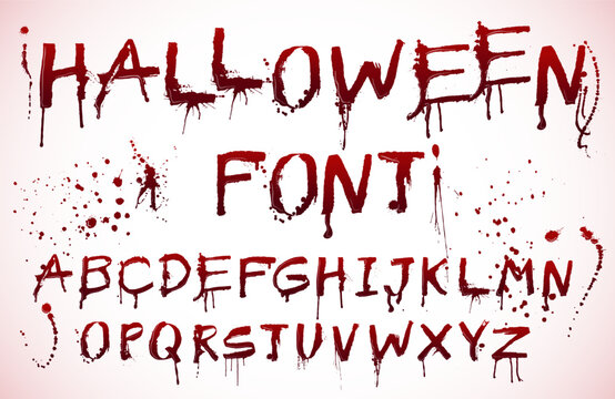 Halloween blood font. Spooky dripping alphabet, bloody text with creepy splatters and drips. Grunge colapen lettering horror themed typeface letters vector set