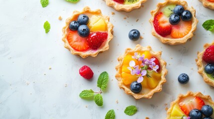 A colorful assortment of fruit tarts garnished with mint and flowers on a marble surface.
