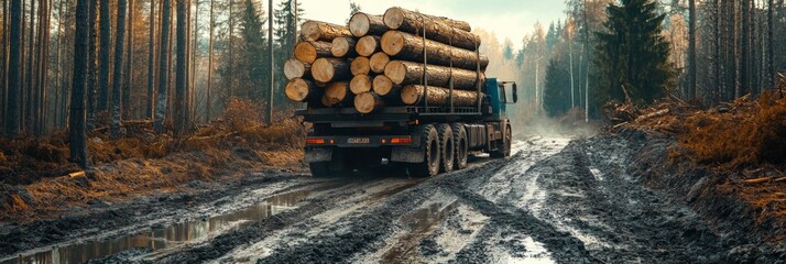 Logging truck carefully transports freshly cut logs along a muddy forest road, surrounded by trees