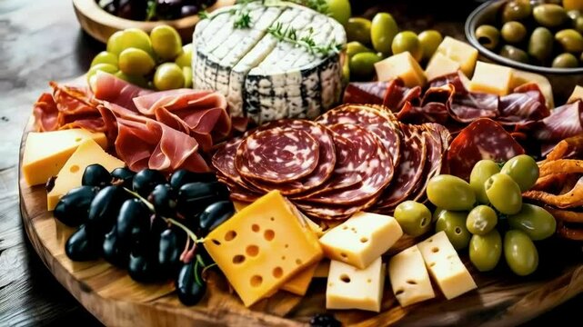 A Delicious Food Platter with Salami, Cheese, Grapes, and Olives