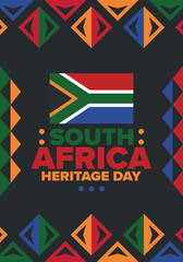Fototapeta premium South Africa Heritage Day. Happy holiday. Celebrate culture and traditions of nation. South African flag. Poster with illustration. Pattern design. Vector