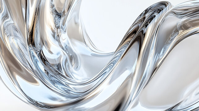 Close-up of glass, chrome, silver, and white swirls on a minimalist white background, 3D rendering in surrealist style created using Octane Render, C4D, and Blender. 