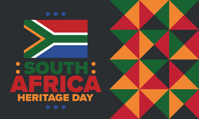 South Africa Heritage Day. Happy holiday. Celebrate culture and traditions of nation. South African flag. Poster with illustration. Pattern design. Vector