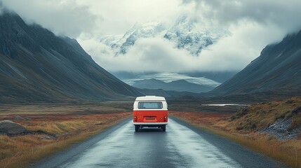 travel experience in a vintage camper van driving on the road to the mountains, showcasing scenic landscapes and the spirit of adventure and freedom