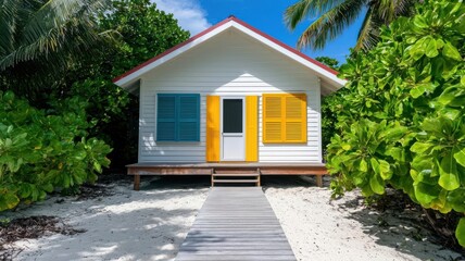 Charming beachfront bungalow with colorful shutters and a pathway leading directly to the beach   beach retreat, cozy design