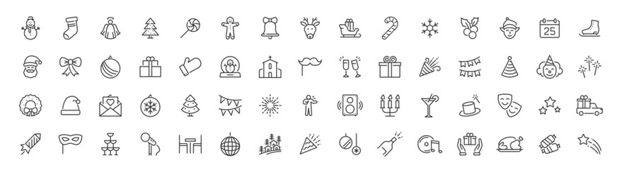 Christmas and Happy New Year web icons in line style. Xmas, winter, party, santa, tree, event, bell, snow, angel, fireworks, snowman, collection. Vector illustration.