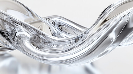 Close-up of glass, chrome, silver, and white swirls on a minimalist white background, 3D rendering in surrealist style created using Octane Render, C4D, and Blender. 