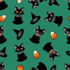 Seamless Halloween pattern featuring ghosts, cobwebs, haunted house, old tree, bones, sweets, black cat, and witch hat. Perfect for wrapping paper, fabric, stationery, home decor, and spooky crafts.