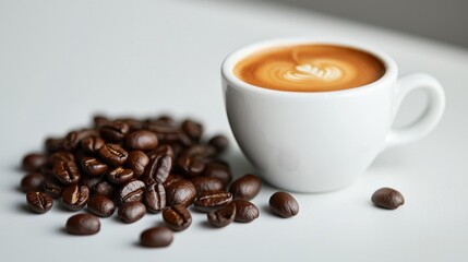 Obraz premium A minimalist espresso cup with perfect crema beside a pile of glossy coffee beans, set against a clean white background.