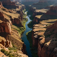 A sweeping aerial view of a canyon, with dramatic rock formations, deep ravines, and a winding hiking trail visible from above