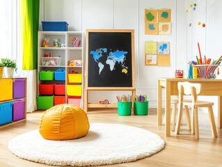 A room with a chalkboard on the wall and a rug in the center. There are many colorful bins and baskets, and a few chairs