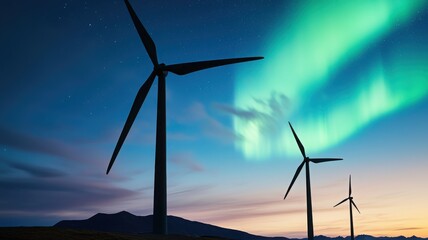 Obraz premium Majestic wind turbines illuminated by the northern lights under a twilight sky, showcasing renewable energy and natural beauty.
