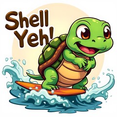 Obraz premium Shell Yeah! Cartoon Turtle Surfing Illustration