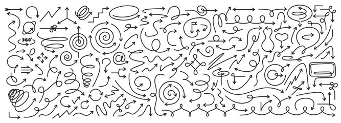 Thin line arrows. Hand drawn direction arrow doodles, curvy swirls, pointing frames, zigzags, swirl loops and wavy curves pointers for infographic designs
