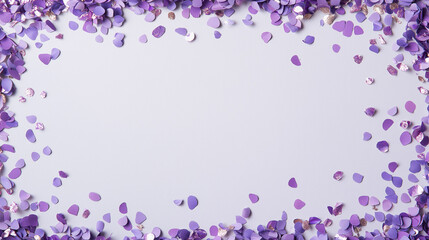 lavender and champagne confetti: a soft yet elegant frame made from lavender and champagne-colored confetti, scattered around a light gray background