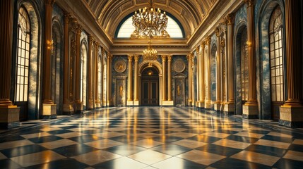 Fototapeta premium Grand Baroque Palace Interior with Marble Floors and Ornate Chandeliers in Luxurious Hall