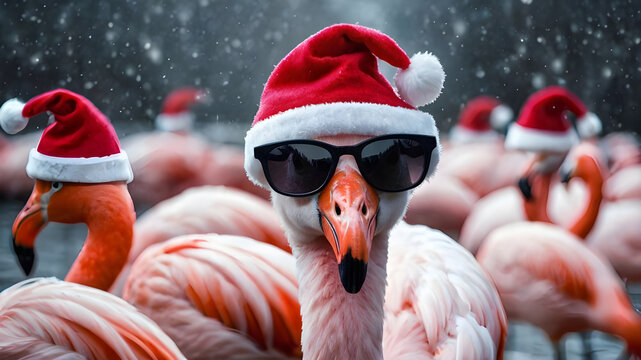 Flock of flamingos with sunglasses and Christmas hats.	