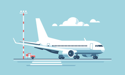 Passenger plane on runway. Vector illustration in minimalistic style.