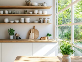 A kitchen with a wooden counter and shelves. A vase with flowers sits on the counter. There are many white plates and bowls on the shelves