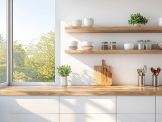 A kitchen with a window and a wooden shelf. There are several bowls and plates on the shelf