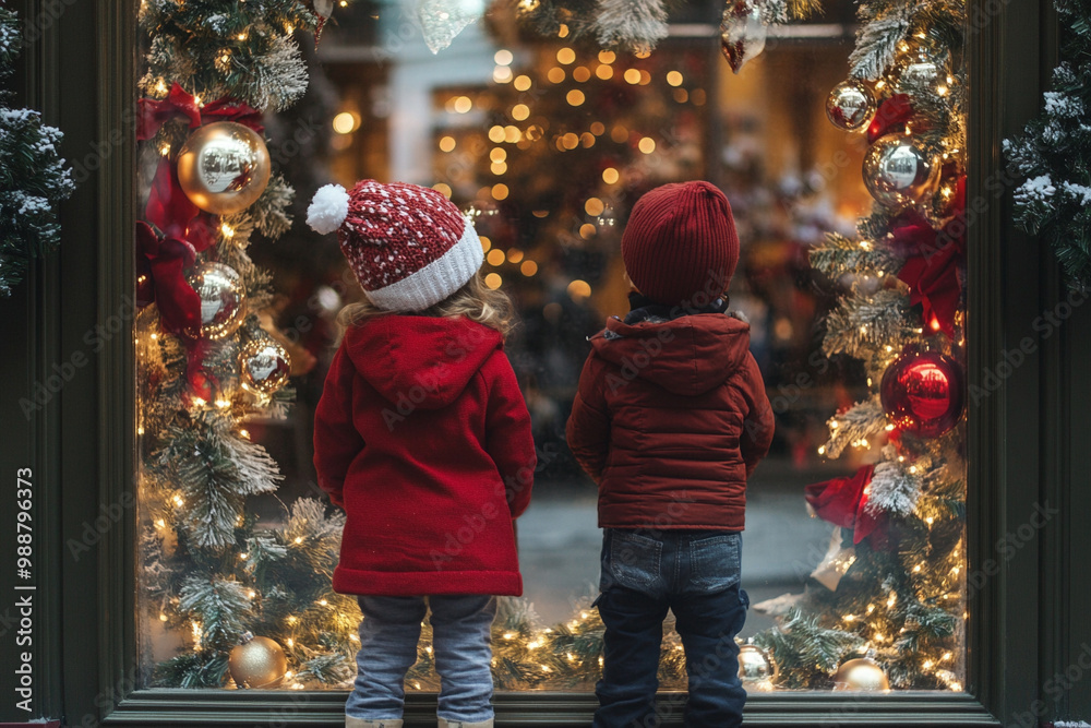 Wall mural children looking through store window at christmas 