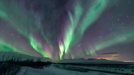 Naklejka premium Stunning Aurora Borealis Display Over Frozen River and Mountains