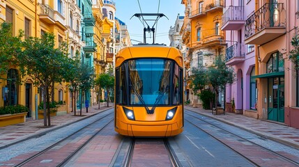 Fototapeta premium A vibrant yellow tram on city tracks, surrounded by colorful buildings.
