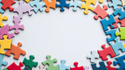 puzzle pieces: a loose frame made from colorful puzzle pieces, spaced evenly around the edges of a white background, each piece is carefully placed with minimal overlap