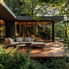 Obraz premium A house with a large patio and a wooden deck. The deck has a couch and a coffee table