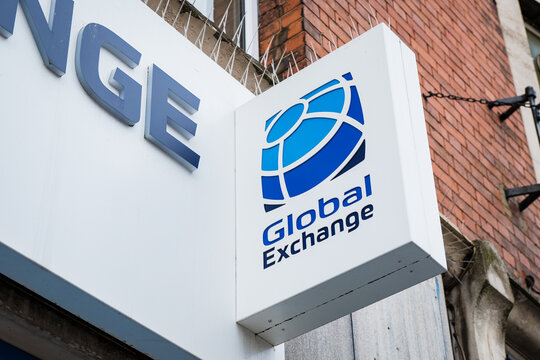 London, UK - July 26, 2024: Global Exchange currency exchange office sign. Global Exchange offers foreign money exchange services owned by Alanis family.