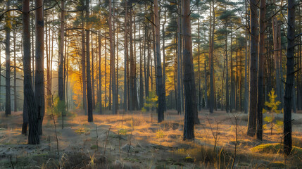 Fototapeta premium Golden Hour in a Pine Forest: A Stunning Display of Nature's Beauty