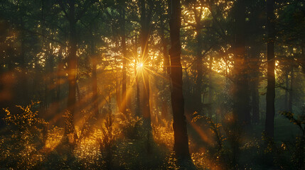 Naklejka premium Golden Hour Sunlight Through Forest Trees