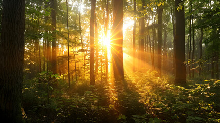 Obraz premium Golden Hour Sunlight Through Forest Trees