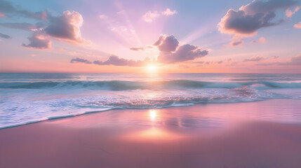 Fototapeta premium Stunning Pink Sunset Over Calm Ocean Beach