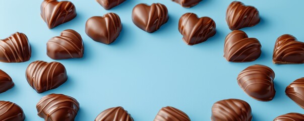 Fototapeta premium Sweetest Day Poster Frame Border with Heart-Shaped Chocolates on Pastel Blue Background