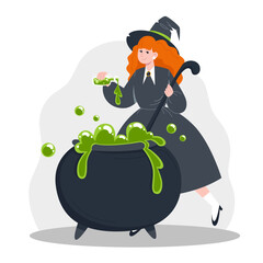 Witch in Hat Brewing Green Poisonous Potion in Cauldron