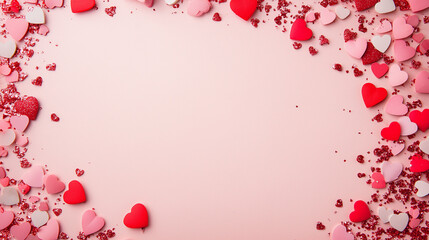 Obraz premium valentineâ€™s day confetti: a romantic frame made from pink and red heart-shaped confetti, arranged around a soft blush background, the sweet colors create a charming border