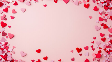valentineâ€™s day confetti: a romantic frame made from pink and red heart-shaped confetti, arranged around a soft blush background, the sweet colors create a charming border