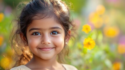 Fototapeta premium smiling Indian girl in a closeup outdoor portrait, radiating happiness and joy with a playful, cheerful expression in a natural environment