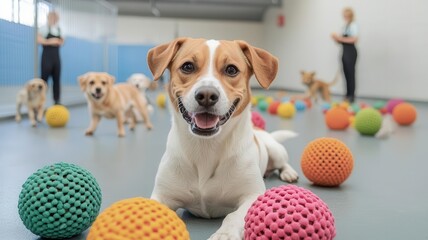 Dogs playing with colorful toys inside a spacious doggy daycare facility, supervised by staff  ...