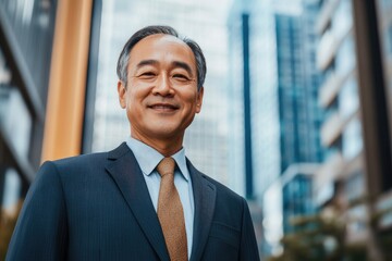 Fototapeta premium Senior man in a suit and tie is standing in front of a building.