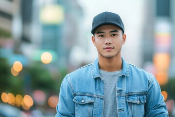 Chinese handsome young man wearing a blue hat and a blue shirt is standing on a city street